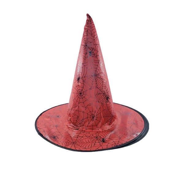 Chapéu de Bruxa Vermelho com Teias e Aranhas